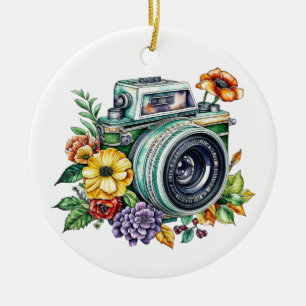 Retro camera in vintage bloemen Kerstmis Keramisch Ornament
