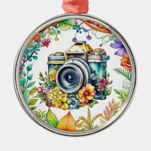 Retro camera in vintage bloemen Kerstmis Metalen Ornament