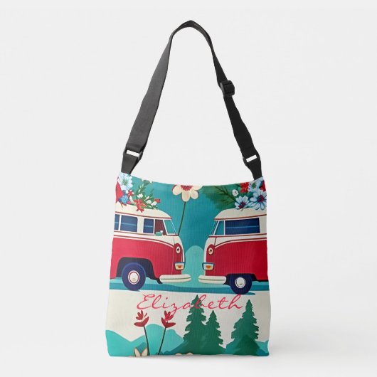 Retro Camper Bus Hippie Flower Fun Crossbody Tas (Voorkant)
