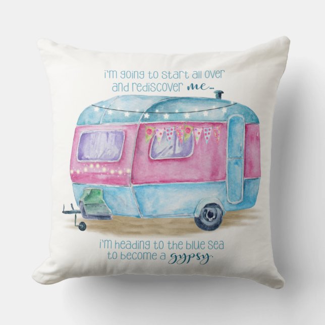 Retro Camper Caravan Blue, Pink en White Cushion Kussen (Voorkant)