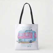 Retro Camper Caravan Blue | Roze en witte glamper Draagtas (Voorkant)