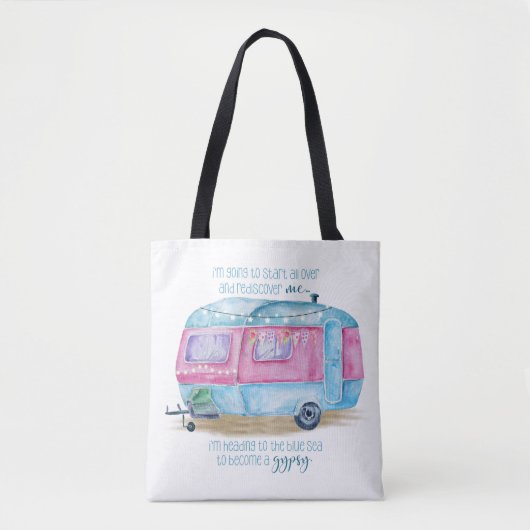 Retro Camper Caravan Blue | Roze en witte glamper Draagtas (Voorkant)