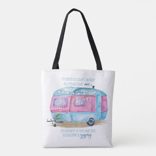 Retro Camper Caravan Blue | Roze en witte glamper Draagtas (Achterkant)