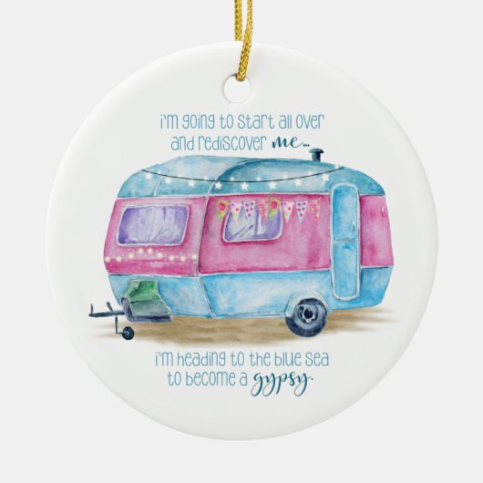 Retro Camper Caravan Blue | Roze en witte glamper Keramisch Ornament (Voorkant)