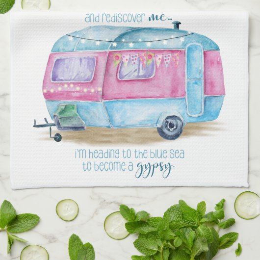 Retro Camper Caravan Blue | Roze en witte glamper Theedoek (Gevouwen)