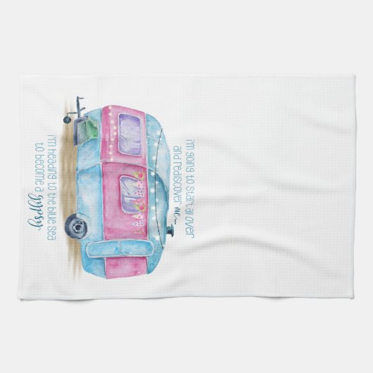 Retro Camper Caravan Blue | Roze en witte glamper Theedoek (Horizontaal)