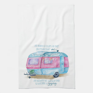 Retro Camper Caravan Blue   Roze en witte glamper Theedoek