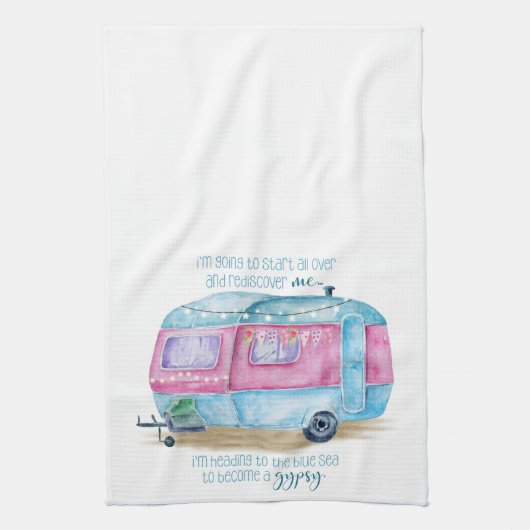 Retro Camper Caravan Blue | Roze en witte glamper Theedoek (Verticaal)