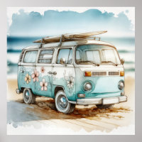 Retro camper met hippie bloemen en surfplank