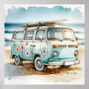 Retro camper met hippie bloemen en surfplank poster