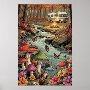 Retro Camper, Paddenstoelen, Stroom en Bloemen Poster