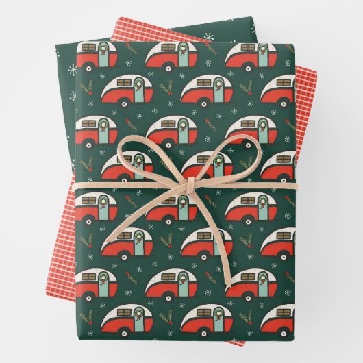 Retro Camper Rustieke Kerstmis Camping Groen & Roo Inpakpapier Vel (In situ)