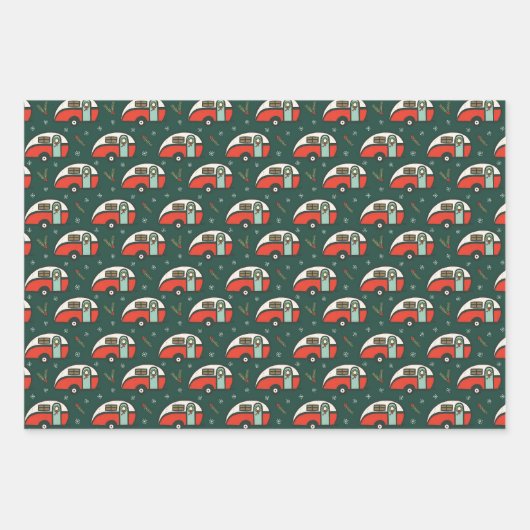Retro Camper Rustieke Kerstmis Camping Groen & Roo Inpakpapier Vel (Voorkant)