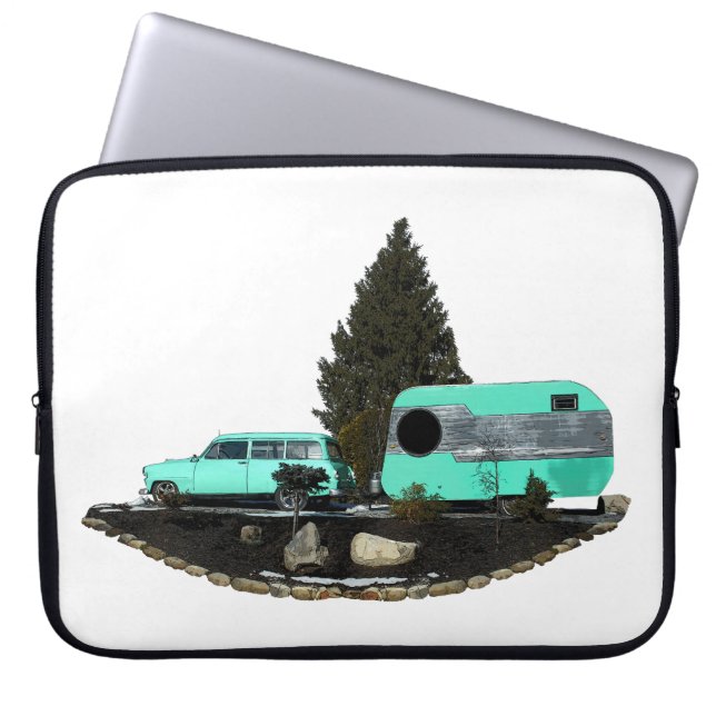 Retro Camping Auto Trailer Laptop Sleeve (Voorkant)