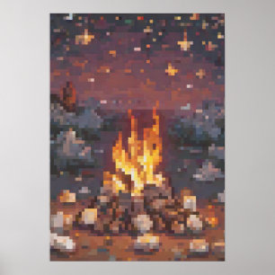 Retro Camping Pixel Art Ontwerp - Gloeiend Kampvuu Poster