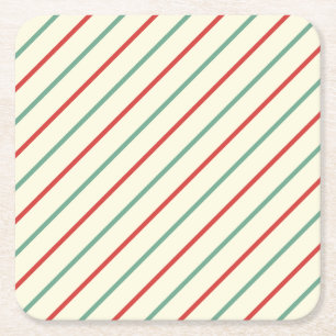 Retro Candy Cane Christmas Stripes Rood Groen Vierkante Kartonnen Onderzetter