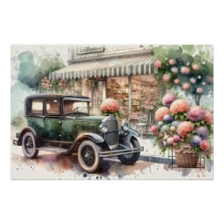 Retro Car & Blooming Boutique Scene Perfect Poster
