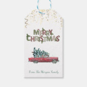Retro Car, Pine Tree, Confetti, Vrolijk kerstfeest Cadeaulabel (Voorkant)