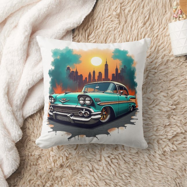 Retro Car with Urban Skyline Accent Cushion Kussen (Deken)