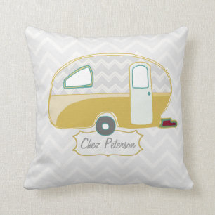 Retro Caravan Mosterdgroen en Grijs Chevron Kussen