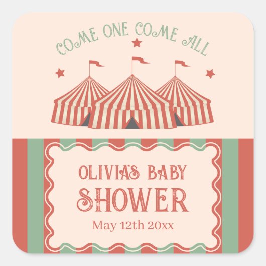 Retro Carnaval Circus Baby shower Vierkante Sticker (Voorkant)