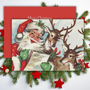 Retro Caroling Santa & Reindeer Christmas Feestdagenkaart