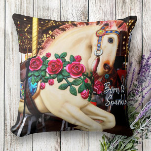 Retro Carousel Horse Photo geboren op Sparkle Scri Kussen
