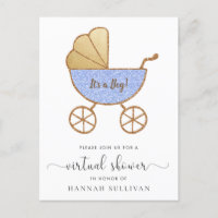 Retro Carriage Blue Glitter Virtual Baby shower