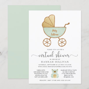 Retro Carriage Mint Gold Virtual Baby shower Kaart