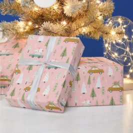Retro Cars Pink-kerstboombos Cadeaupapier