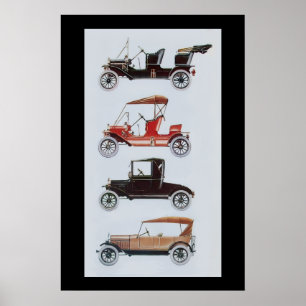 RETRO CARS, zwart wit rood Poster