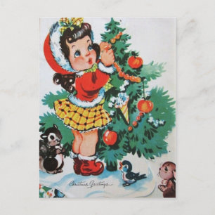 Rétro carte postale de Noël de fille vintage de