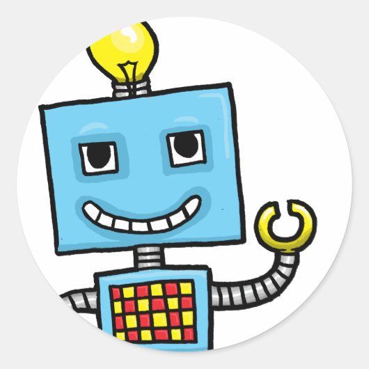 Retro cartoon blauw robot ronde sticker (Voorkant)