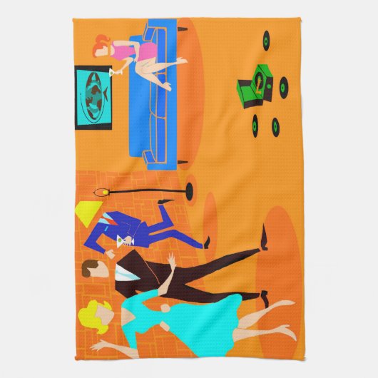 Retro Cartoon Cocktail Party Kitchen Towel Theedoek (Verticaal)