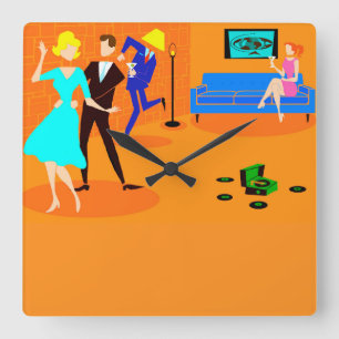 Retro Cartoon Cocktail Party Wall Clock Vierkante Klok