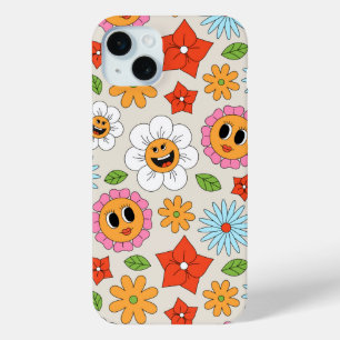 Retro Cartoon Flowers Whimsical Happy Fun iPhone 15 Mini Hoesje