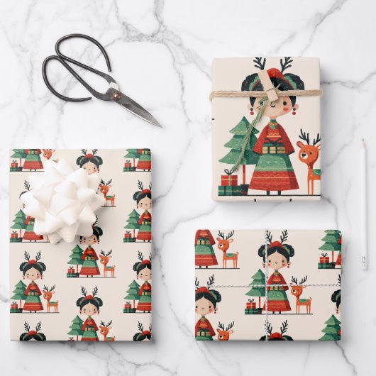 Retro Cartoon Frida Kahlo Patroon Schattigee Kerst Inpakpapier Vel (Voorkant)