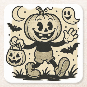 Retro cartoon-geïnspireerde pompoen Halloween coas Vierkante Kartonnen Onderzetter