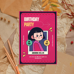 Retro Cartoon Girl Anniversaire Fête Invitation