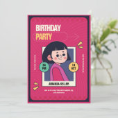 Retro Cartoon Girl Anniversaire Fête Invitation (Debout devant)
