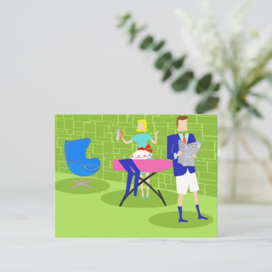 Retro Cartoon paar thuis Briefkaart (Staand voorkant)