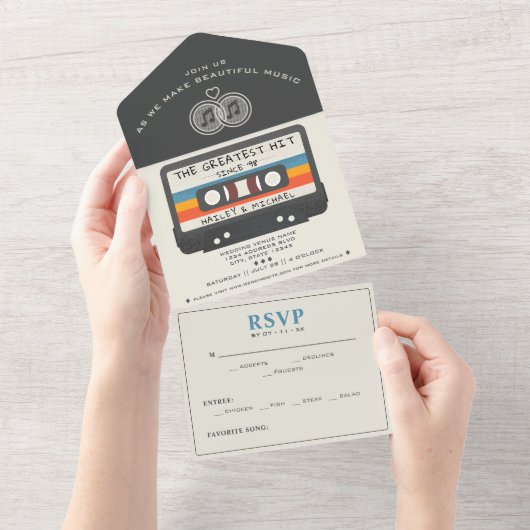 Retro Cassettebandje Grootste Hit Bruiloft All In One Uitnodiging (Afscheurbaar)