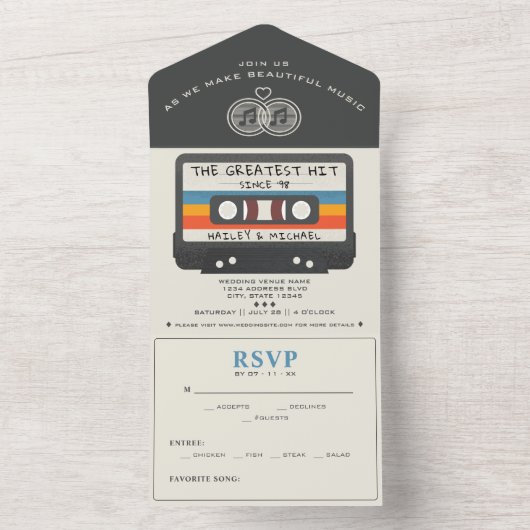 Retro Cassettebandje Grootste Hit Bruiloft All In One Uitnodiging (Binnen)