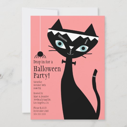 Retro Cat of Frankenstein Halloween Party Invite Kaart (Voorkant)
