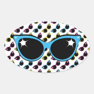 Retro Cat Sunbril Pattern met Blue Ovale Sticker