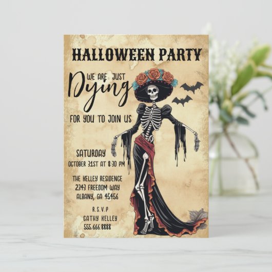 Retro Catrina Skeleton Uitnodigen - Halloween Part Kaart (Staand voorkant)