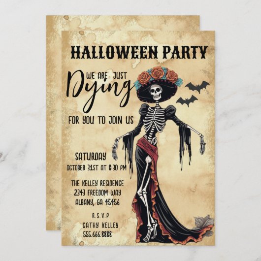Retro Catrina Skeleton Uitnodigen - Halloween Part Kaart (Voorkant / Achterkant)