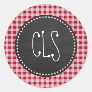 Retro Chalkboard; Carmine Red Gingham; gebarsten Ronde Sticker