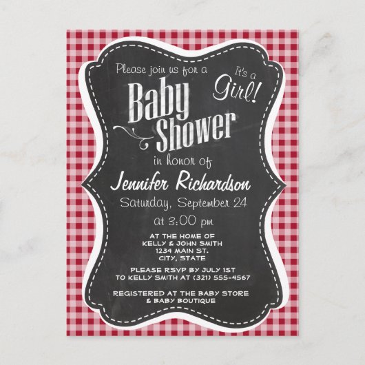 Retro Chalkboard; Carmine Red Gingham; gebarsten Uitnodiging Briefkaart (Voorkant)