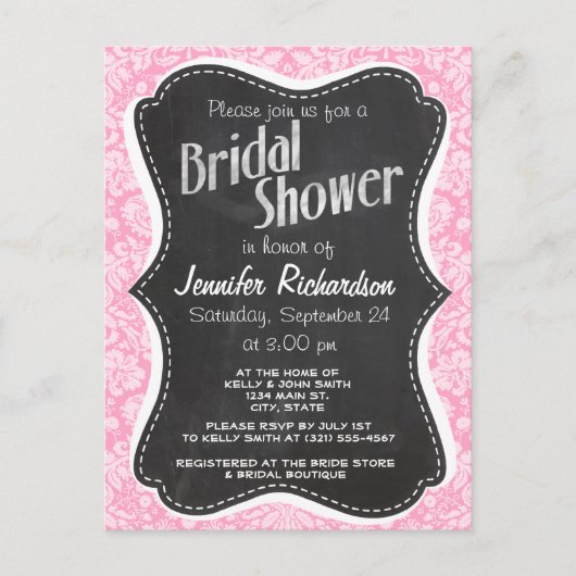 Retro Chalkboard Carnroze Damask Patroon Uitnodiging Briefkaart (Voorkant)